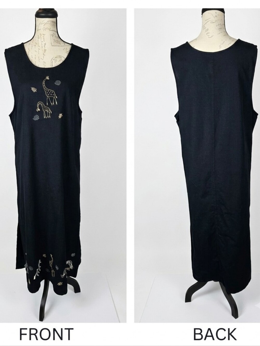New Direction Sleeveless Tank Dress Giraffe Embroidery Black Linen Women's L